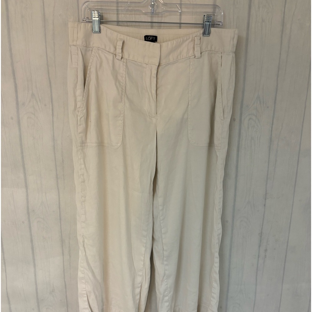 Loft Linen Julie Trouser Pants Womens Size Medium Ivory Straight Leg Cap…